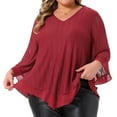 thumbnail image 2 of DARING DIVA Women's Plus Ruffle 3/4 Sleeve V Neck Loose Fit Blouse 1X Burgundy, 2 of 6