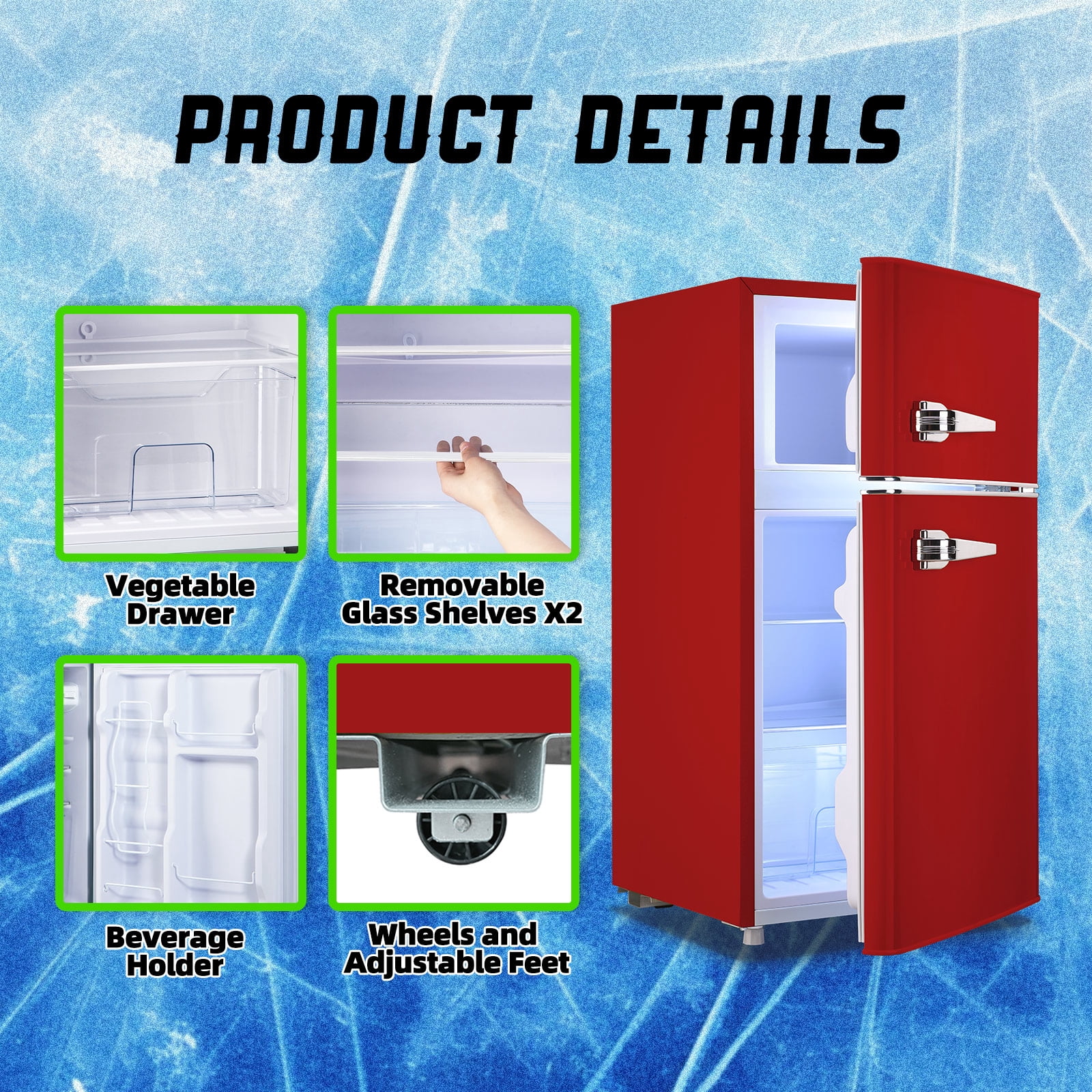 TACOOL Small Retro Mini Fridge with Top Freezer 100 Liter Dual Door Compact Refrigerator with Adjustable Thermostat LED Light, Low Noise for Dorm Red