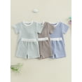 thumbnail image 3 of Loicainy Baby Toddler Summer Clothes 3 6 12 18 24 Months 2T 3T 4T 5T Waffle Striped Short Sleeve T-shirt Elastic Waist Shorts Kids 2 Piece Outfits Set, 3 of 9