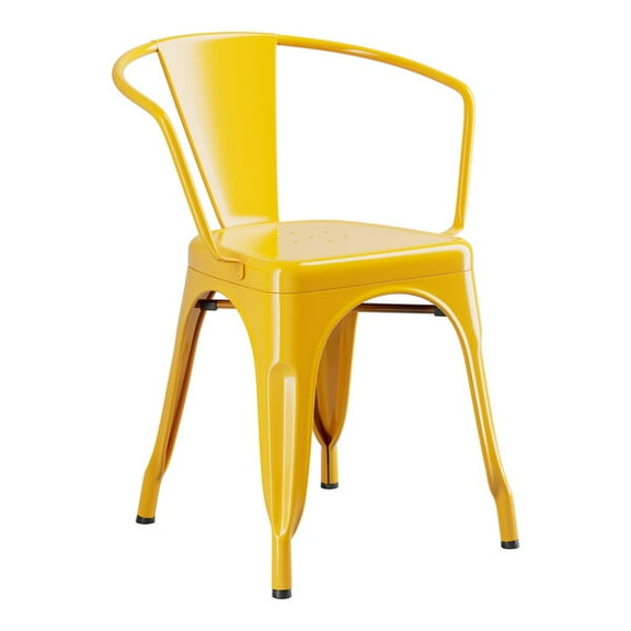 Cafe Style Stackable Yellow Metal Restaurant Dining Arm Chair For Indoor or Outdoor Use.