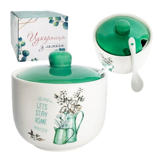 STP GOODS Teal Cottagecore Ceramic Sugar Bowl with Spoon and Lid 15.2 fl oz (450 ml) Sugar Jar Sugar Container for Kitchen 4.3x3" (11x7.5 cm) White Mint