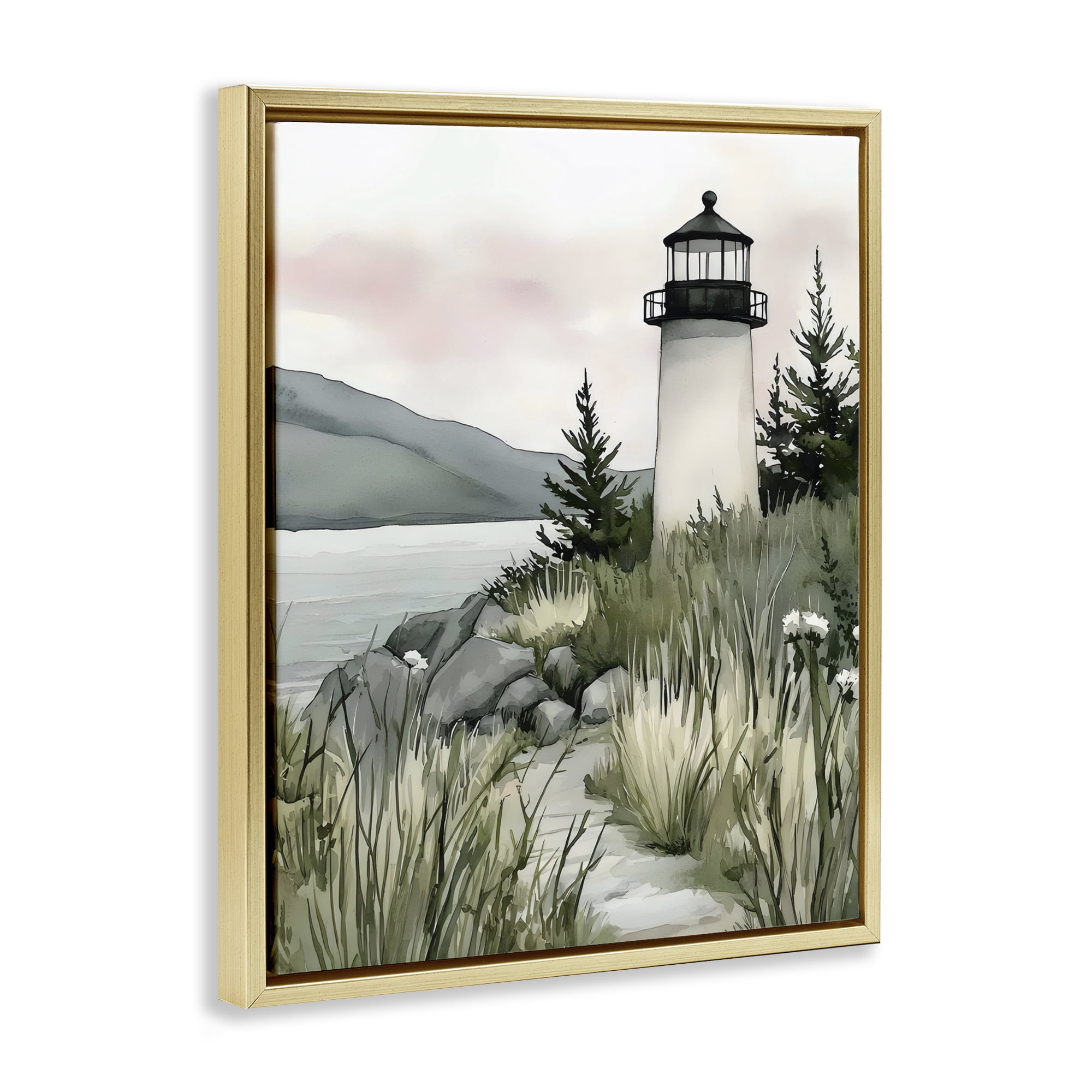 Stupell Industries Coastal Calm Lighthouse Gold Framed Floater Canvas Wall Art, design by Riley B