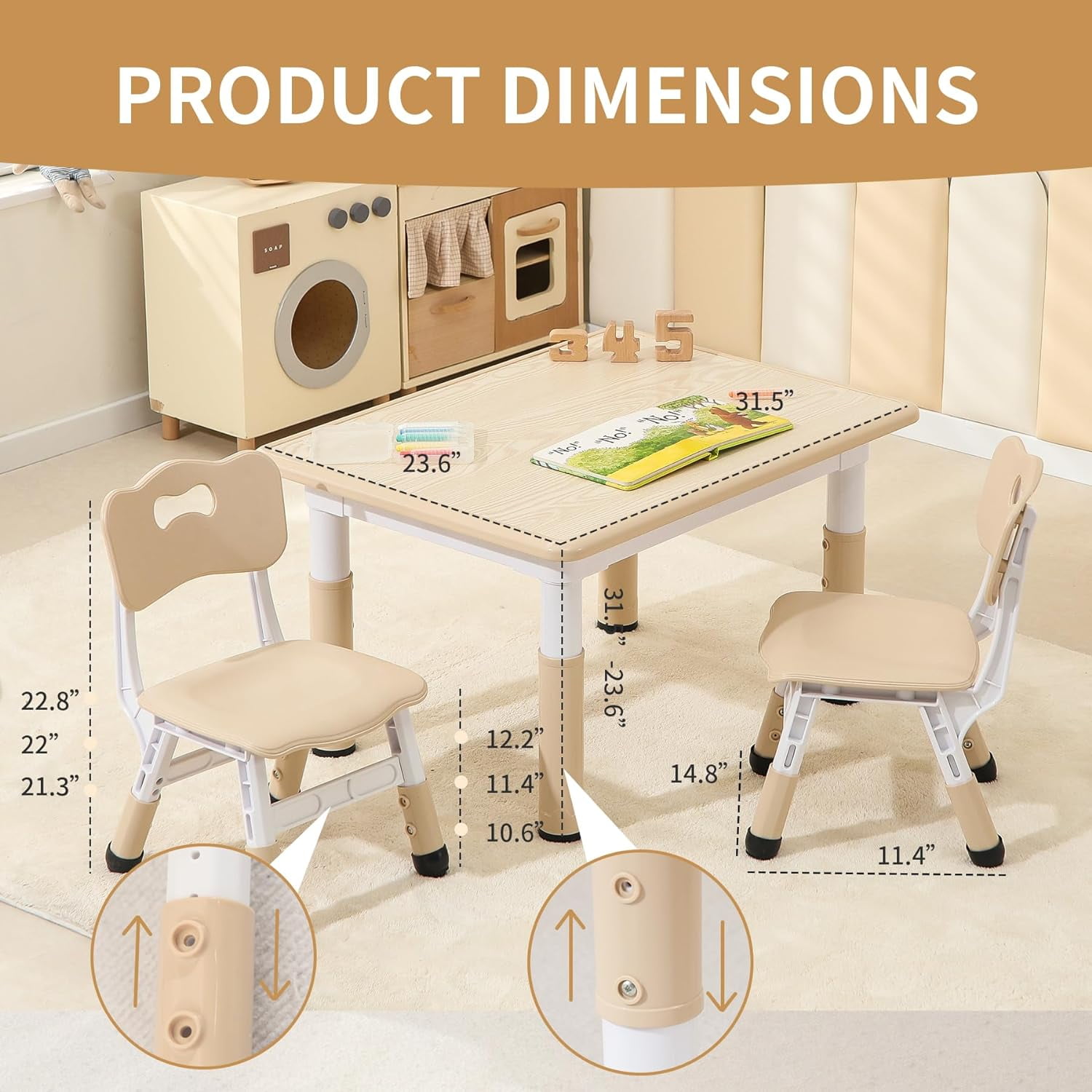 Toddler Table and 2 Chairs, Height-Adjustable Kids Table and Chairs Set, 31.5''L x 23.6''W Children Activity Table for Boys and Girls Aged 3-8