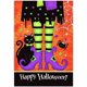 thumbnail image 1 of Bandera decorativa de doble cara para jardín con diseño de bruja, de 12 x 18 pulgadas, con diseño de araña gatita negra y texto "Happy Halloween", 1 of 4