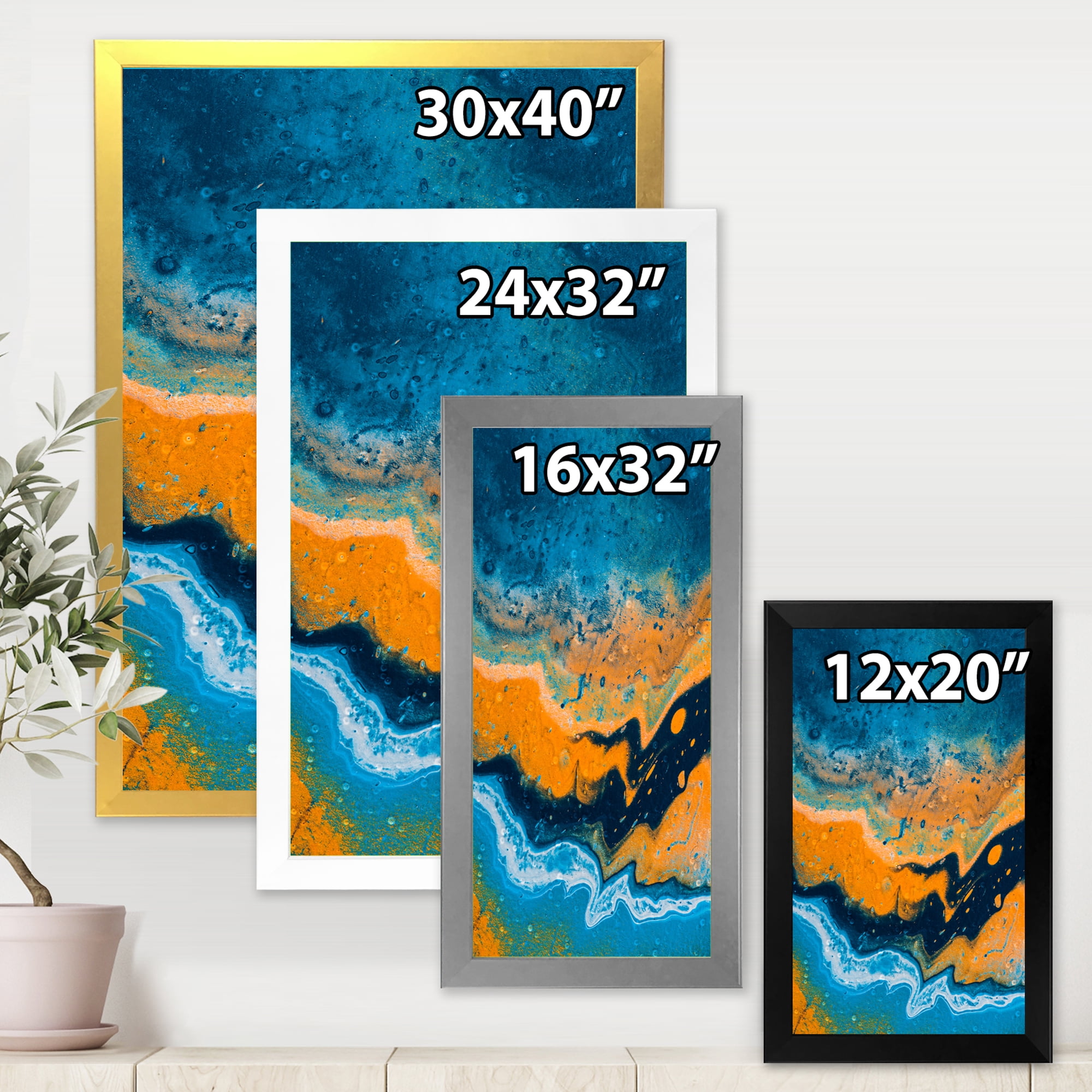 Designart 'Abstract Marble Composition In Orange and Blue IV' Modern Framed Art Print