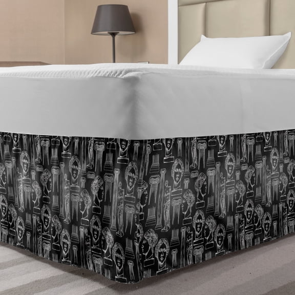 Vintage Bed Skirt, Classical Iconic Pattern of Columns and Venus de Milo, Elastic Bedskirt Dust Ruffle Wrap Around for Bedding Decor, 4 Sizes, Charcoal Grey Grey, by Ambesonne
