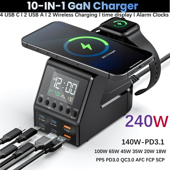 240W GaN Charging Station for Multiple Devices,8-Port Wireless Charger USB C Fast for MacBook/iPhone/Android Phones/iPad/Tablets, with Alarm Time Display