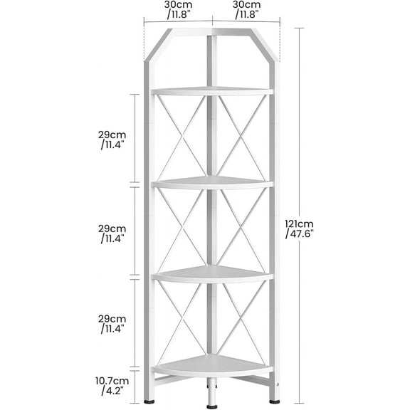 4-Tier Corner Shelf - Heavy Duty Industrial Style Floor Mount Shelf for Bathroom, Bedroom, Kitchen, and Living Room - White