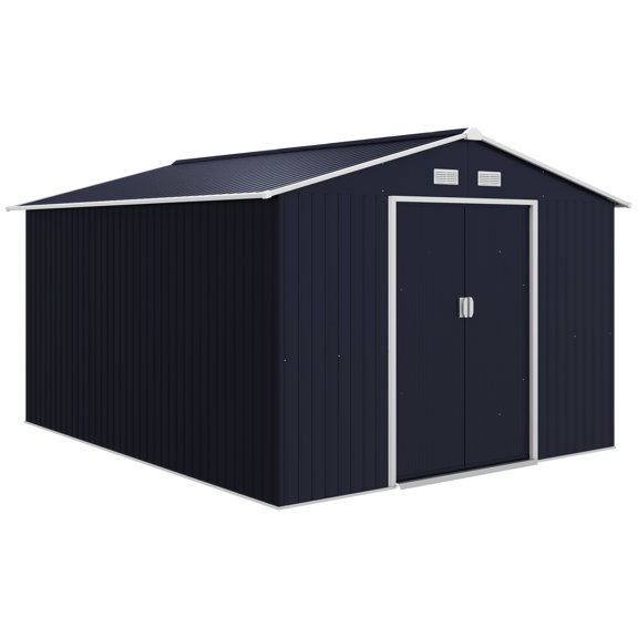 Outsunny 9' x 11' Garden Storage Shed with Foundation Kit, Metal Tool Storage House with Double Doors for Outdoor Patio Yard, Dark Grey