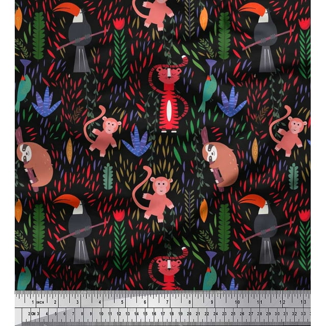 Soimoi Polyester Crepe Fabric Leaves & Cute Animals Cartoon Fabric Prints by Yard 52 Inch Wide