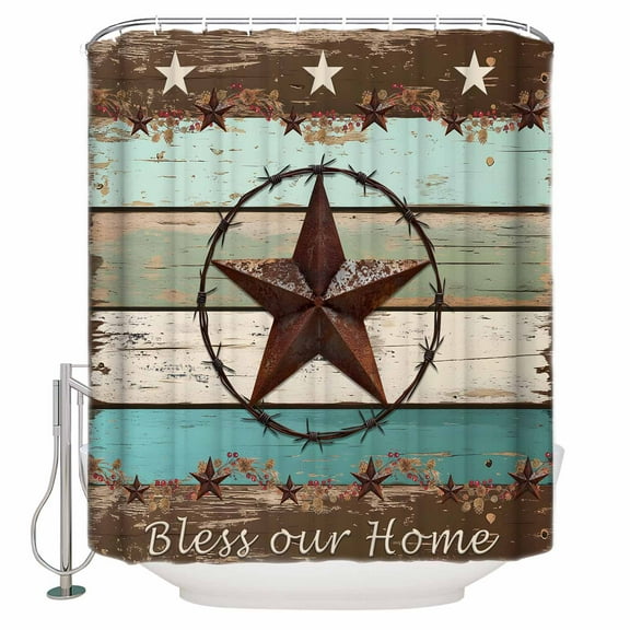 72x78 Inch Shower Curtain West Texas Star Rustic Bathroom Decor Waterproof Fabric Bathtub Bath Curtains Decorative Farmhouse Teal Green Wood Plank Extra Long Shower Curtain Set with Hooks