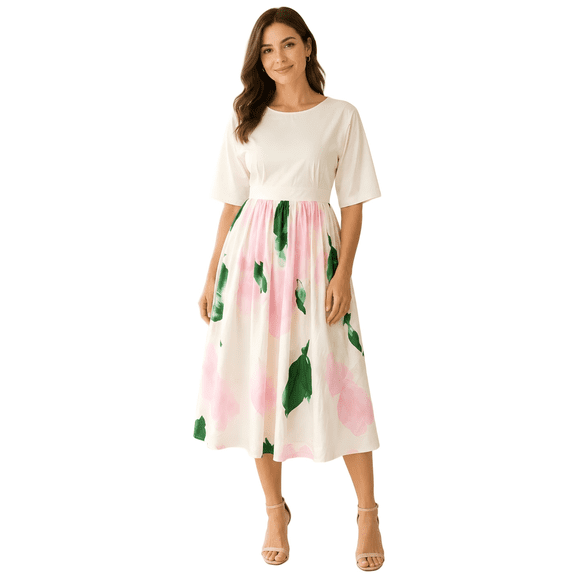 Plus Size Cream Watercolor Floral Midi Dress, Boat Neck Cape Sleeve Satin-Like A-Line Semi-Formal Dress with Pockets