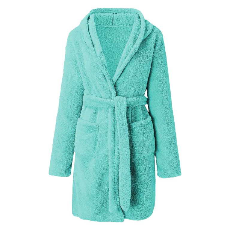 short fleece dressing gown jacket AherBiu Womens Fleece Short Bathrobes Plus Size Hooded Winter Cozy Bath Robe  with Pockets Solid Color