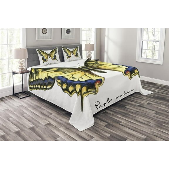 Ambesonne Swallowtail Quilted Bedspread Set 3 Pcs, Watercolors, Queen Size, Yellow Blue Black