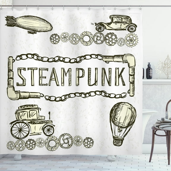 Ambesonne Vintage Shower Curtain, Sketch Old Car Balloon, 69"Wx84"L, Ivory Dark Olive Green