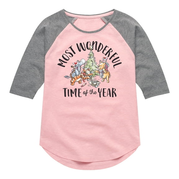 Disney Winnie The Pooh - Christmas Most Wonderful Time of the Year - Toddler & Youth Girls Raglan T-Shirt