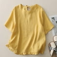 thumbnail image 3 of AherBiu Womens Tops Linen Blouse Crewneck Short Sleeve Lightweight Summer Casual Loose Fitted Ruffle Hem Shirts, 3 of 9