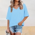 thumbnail image 2 of Baberdicy V-Neck Flowy Casual Tee - Women's Summer Loose Fit Short Sleeve T-Shirt, Elegant Simple Basic Top with Relaxed Silhouette (Blue 1 | L), 2 of 9