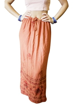 Mogul Women Maxi Skirt Red Boho Skirt, Embroidered Summer Skirt, Retro 70s Chic Straight Maxi Skirts SM
