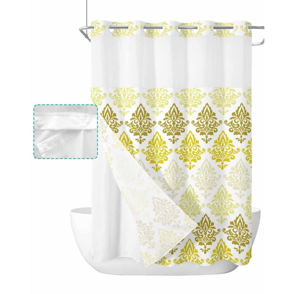 No Hook Shower Curtain with Snap in Liner, Luxury Boho Yellow Flowers Gradient Pattern Hotel Shower Curtains for Bathroom, Washable Shower Curtain Liner Set with Mesh Top Window, 48"x72"