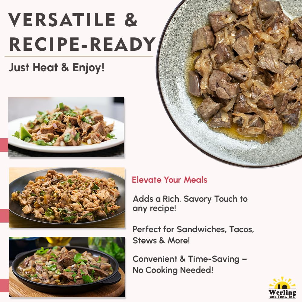 (Pack of 12) Werling and Sons Canned Beef 14.5 Oz Fully Cooked Heat & Eat Shelf Stable Canned Meat for Long Term Storage Recipe Ready Canned Food Camping Hiking Emergency Preparedness Quality Meat