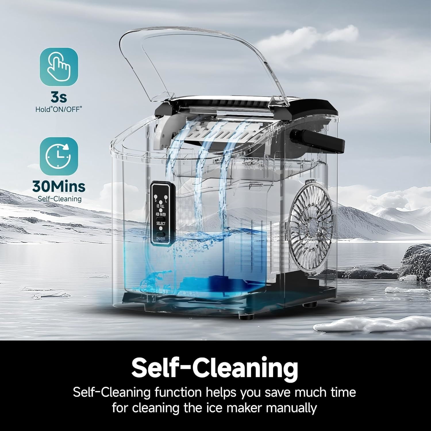Ice Maker Countertop with Carry Handle, 9 Cubes Ready in 6 Mins, 26.5lbs/24H, Self-Cleaning, 2 Sizes of Bullet Ice with Basket and Scoop, Portable Ice Maker Machine for Home, Kitchen, Office