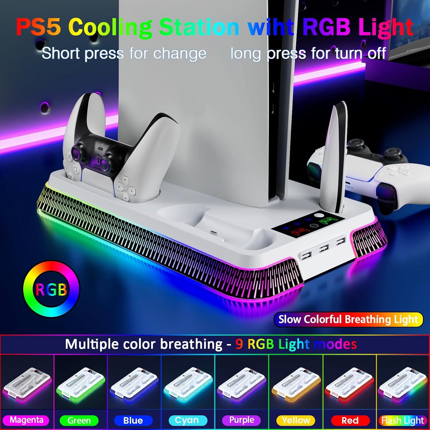 PS5/Slim/Pro Cooling Station for PlayStation 5 Console,PS5 Cooler Fan with Dual PS5 Controller Charger Incl. 3 Level Fans,Headset,USB Hubs,PS5/Slim Stand for PlayStation 5 Accessories