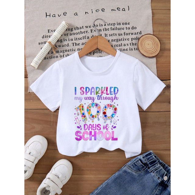 Fancy' Printed Crew Neck T-Shirt For Boys and Girls Back-To-School Season Short Sleeve T-Shirt Top For Toddlers