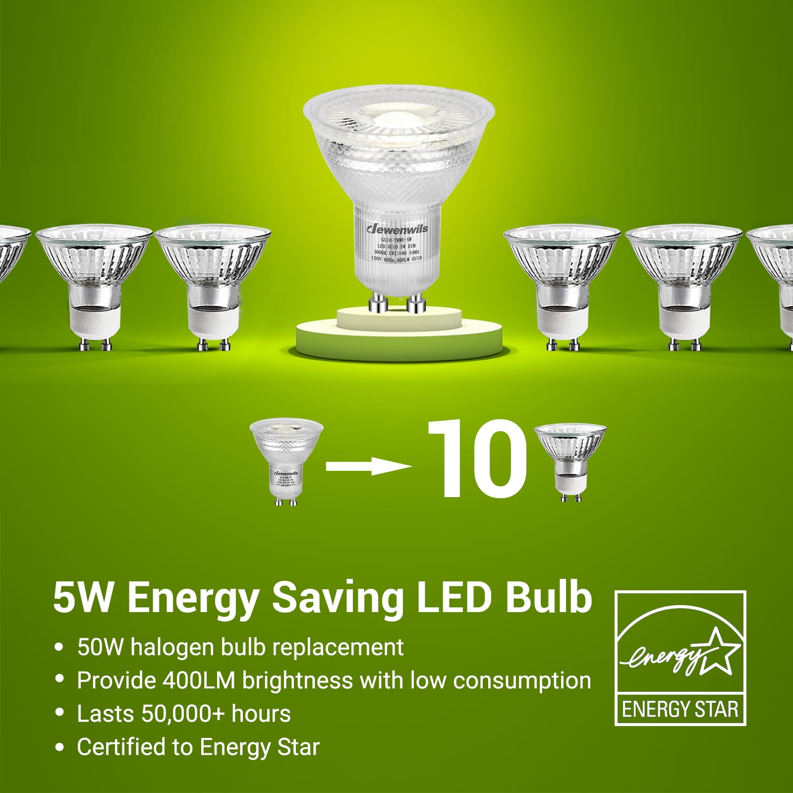 DEWENWILS 10-Pack GU10 LED Dimmable Bulb 400LM 5000K Daylight Track  Lighting Bulb 5W LED Bulbs, 40°Beam Angle 