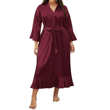 YAGHYAGH Womens Satin Silk Kimono Nightgown Lingerie Dressing Robe Sleepwear Plus Size