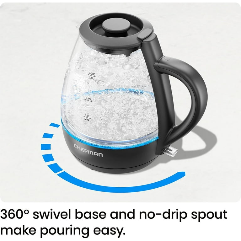 Chefman 1L Electric Glass Kettle w/ LED Indicator Light, Automatic Shutoff - Black, New