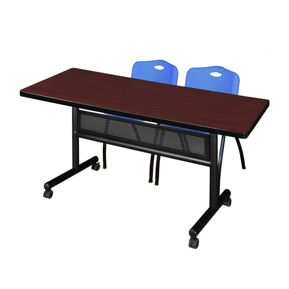 60" x 30" Flip Top Mobile Training Table with Modesty Panel- Mahogany and 2 "M" Stack Chairs- Blue