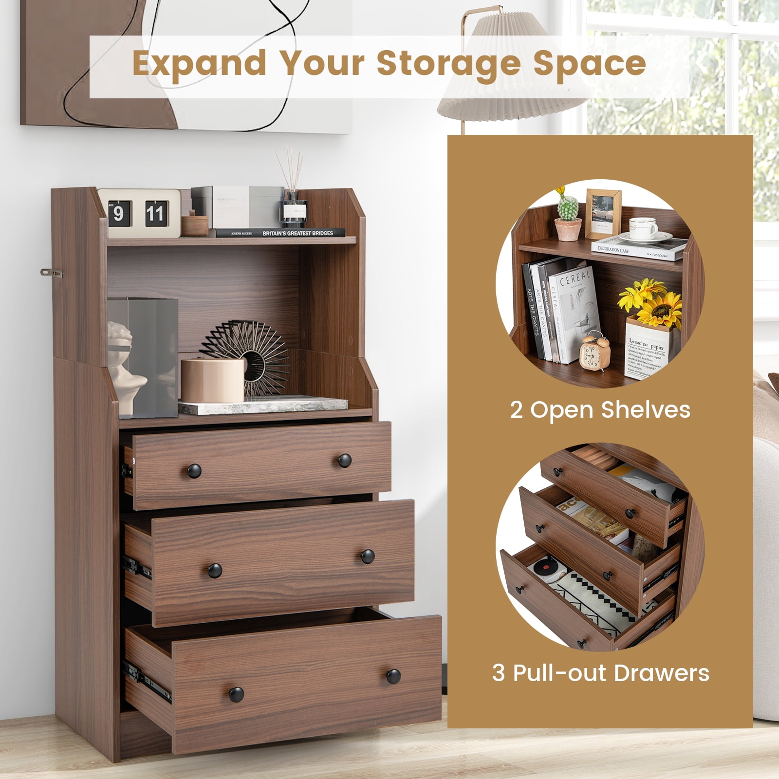 Giantex 3 Drawers Dresser for Bedroom, Storage Dresser Chest w/Anti-toppling Device, Tall Nightstand, Walnut