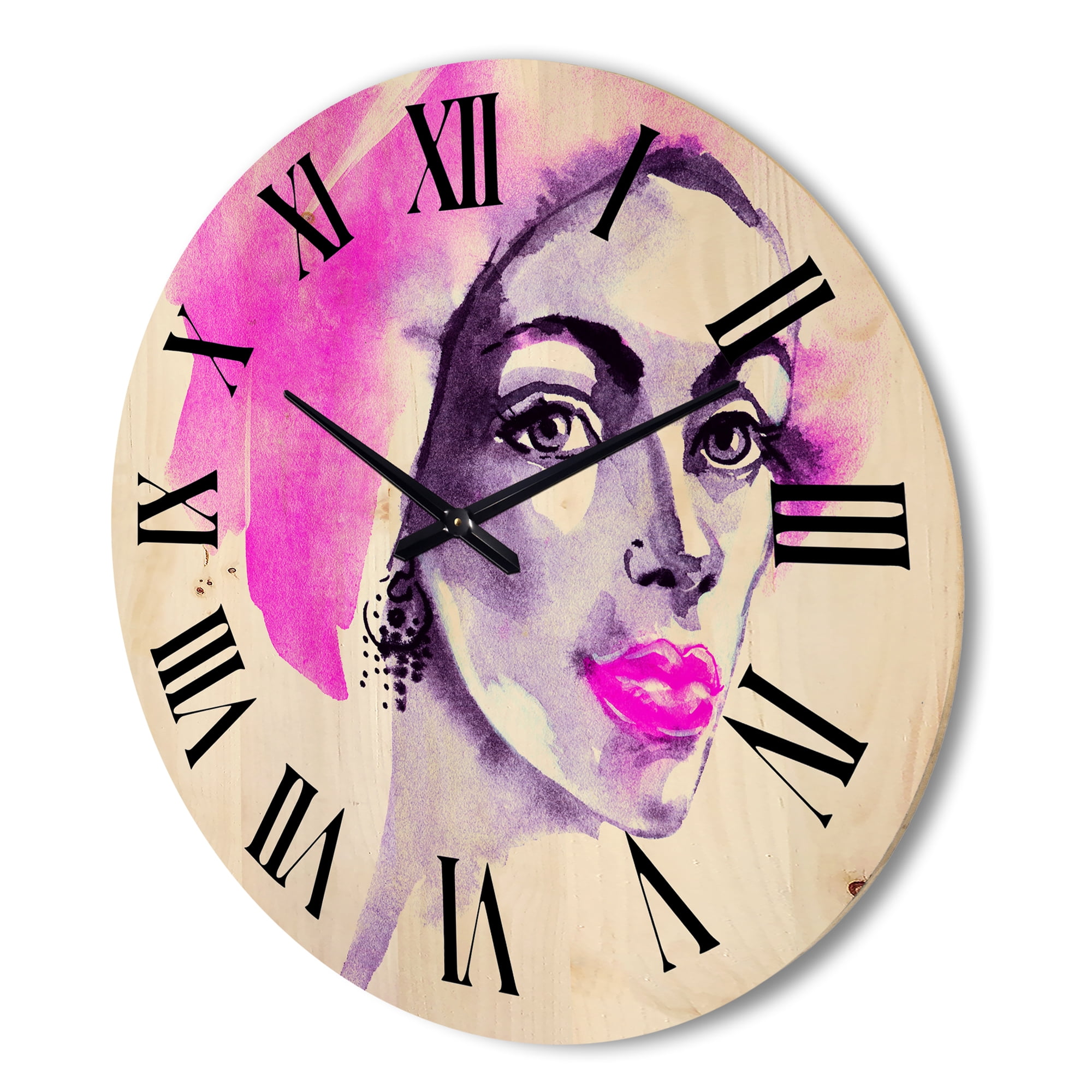 Designart 'Afro American Pink Woman Fashion Portrait' Modern Wood Wall Clock