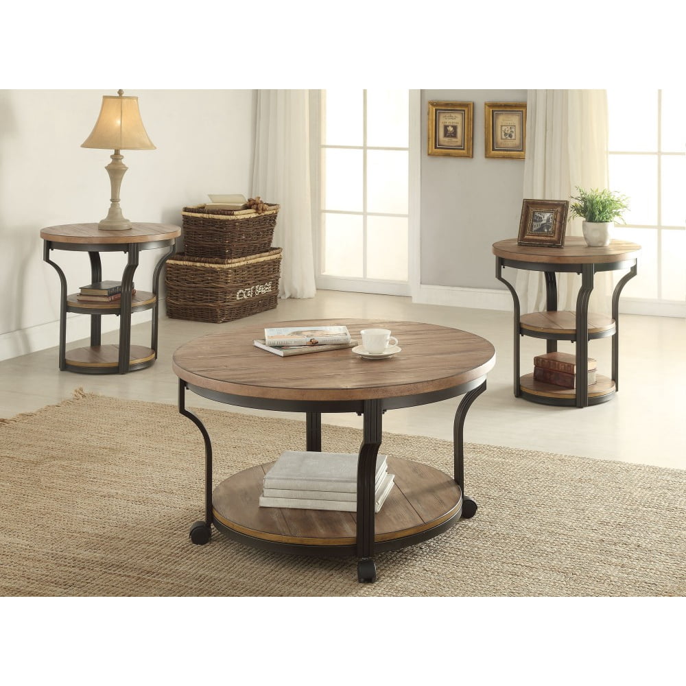 Geoff 3pcs Round Oak Black Coffee Table Set
