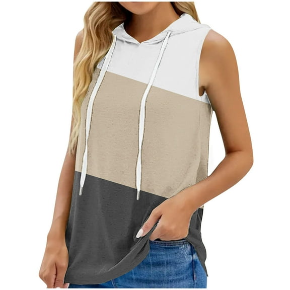 Womens Sleeveless Hoodies Casual Drawstring Lightweight Hooded Sweatshirt Color Block Loose Sports Pullover Tops