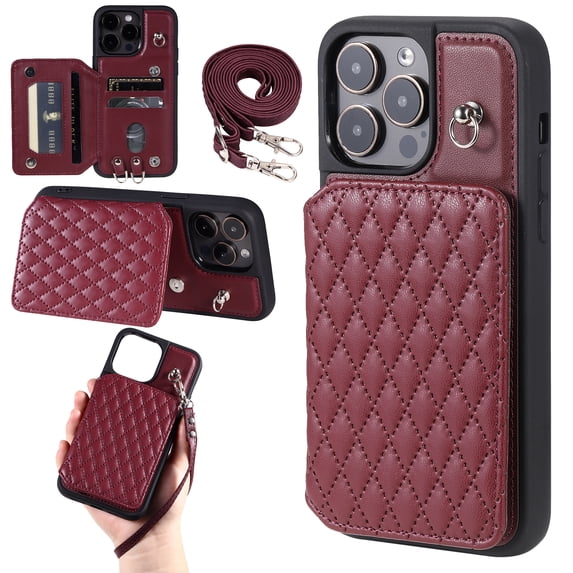 Case for iPhone 13 Pro 6.1", Detachable Crossbody Strap Wallet Case with Card Slots, Stand Ring Flip PU Leather Protective Cover Lanyard for Women for iPhone 13 Pro, Winered