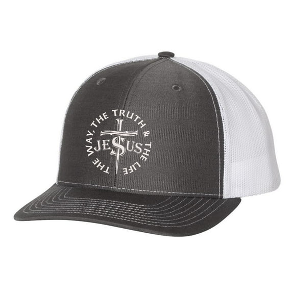 Christian Jesus The Way The Truth and The Life Mens Embroidered Mesh Back Trucker Hat, Charcoal/White