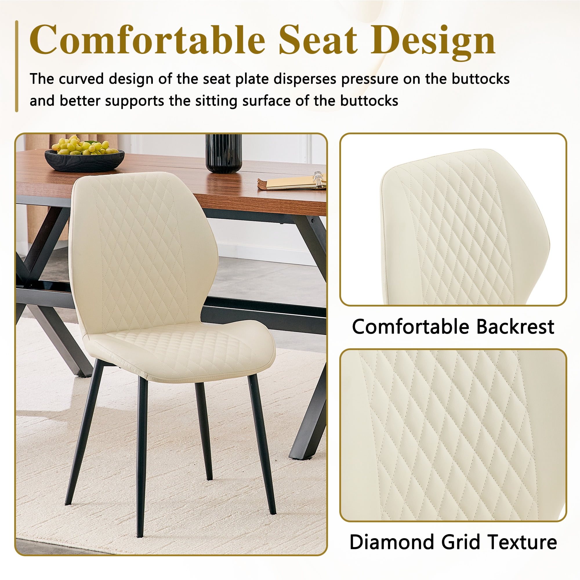 MOONMISS Dining Chairs Set of 4,Modern luxury Diamond-Quilted PU chairs with black metal legs for Dining Room Living Room,Beige