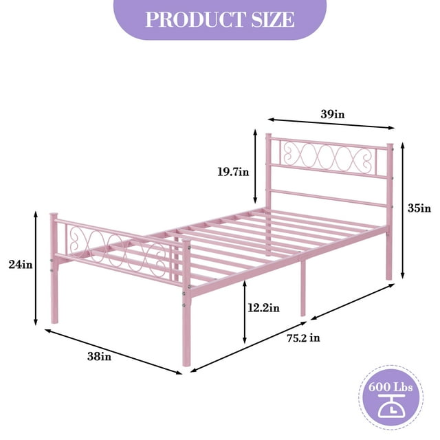 Yeshouse estructura de cama individual de metal con cabecero y piecero de diseño de corazón, plataforma con listones resistentes, espacio de almacenamiento bajo la cama, no requiere somier