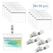 AirSMall 50 Set Transparent PVC Plastic Badge Holder with Metal Clips for Hanging ID Cards Name Tag