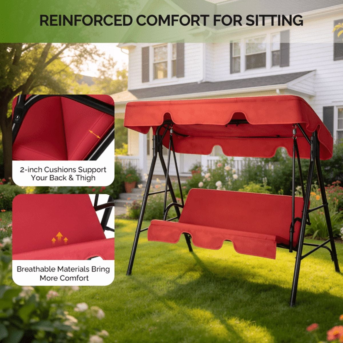 Alvantor 2-Seat Porch Swing with Canopy, Outdoor Patio Swing Chair with Cushion and Steel Frame for Backyard Garden Balcony