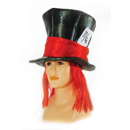 Mad Hatters Black Top Hat w Attached Red Hair - Adult One Size