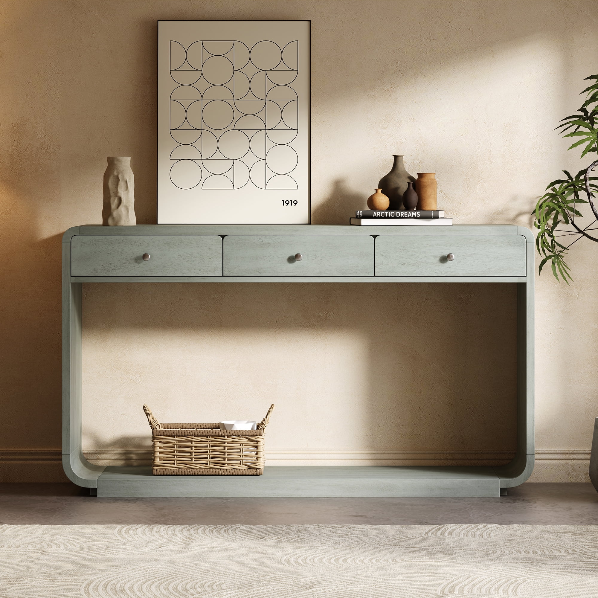 Mintazer Curved Rounded Console Table with Brushed Nickel Handles, Entryway Table with 3 Drawers & Open Bottom Shelf, Anti-Tip Sofa Table for Hallway Living Room Foyer, Blue