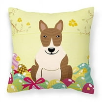 Carolines Treasures BB6137PW1818 Easter Eggs Bull Terrier Brindle Fabric Decorative Pillow