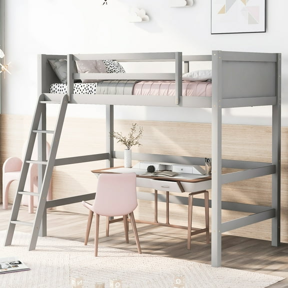 Twin Loft Bed With Solid Wood - Gray, Foundation Versatile Sleep Experience