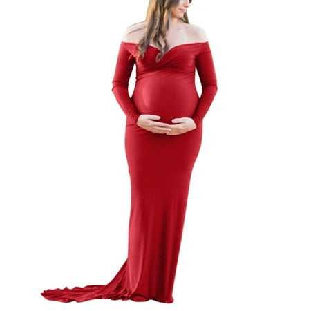 

Baycosin Summer Maternity Dress Long Sleeve Off Shoulders Half Circle Gown for Baby Shower Photo Props Dresses