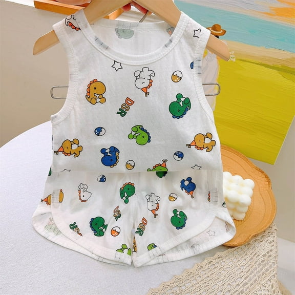 DAETIROS Toddler Boys Pajamas Sets-Soft Cotton Graphic Fashion Cute Tank Top and Shorts Boys Summer Lounge Set White Size 1-9