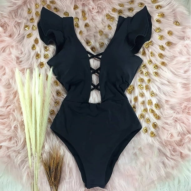 2022 nuevo traje de baño Sexy de una pieza con estampado Floral y volantes, traje de baño con hombros descubiertos para mujer, ropa de playa sólida con escote en V profundo, traje de baño Monkini Tan Jianjun unisex