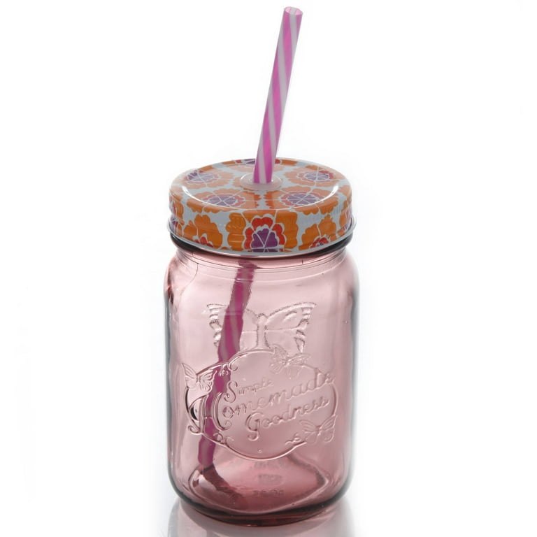 Mason Jar, with Straw & Lid, Pink, Glass, 450 mL - Market 99